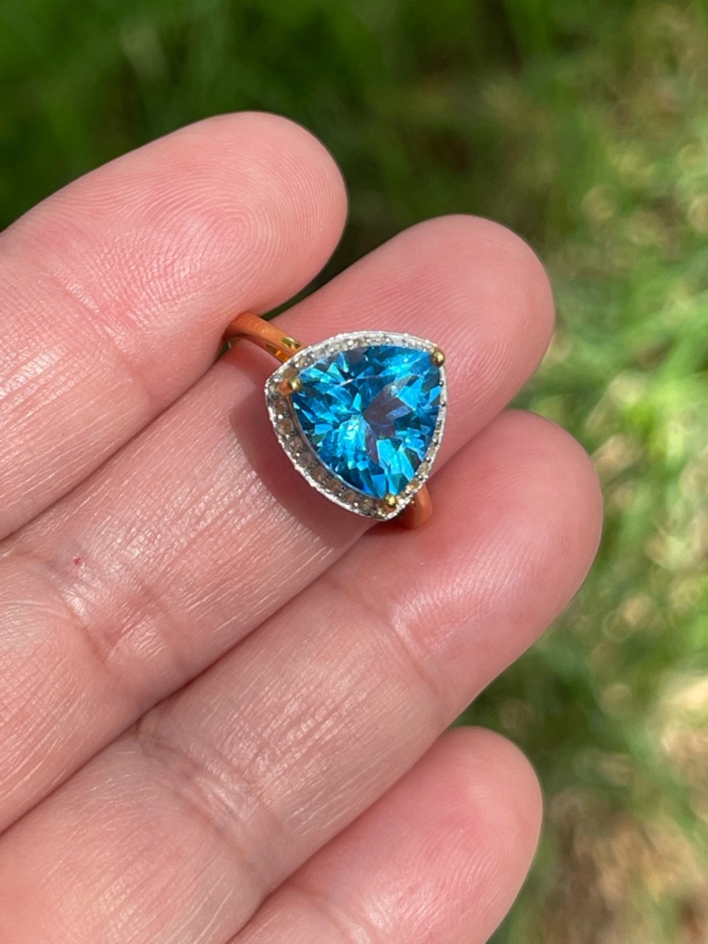 Natural Swiss Blue Topaz Trillion-Cut & Diamond Ring 925 Silver 18k GP Size 7